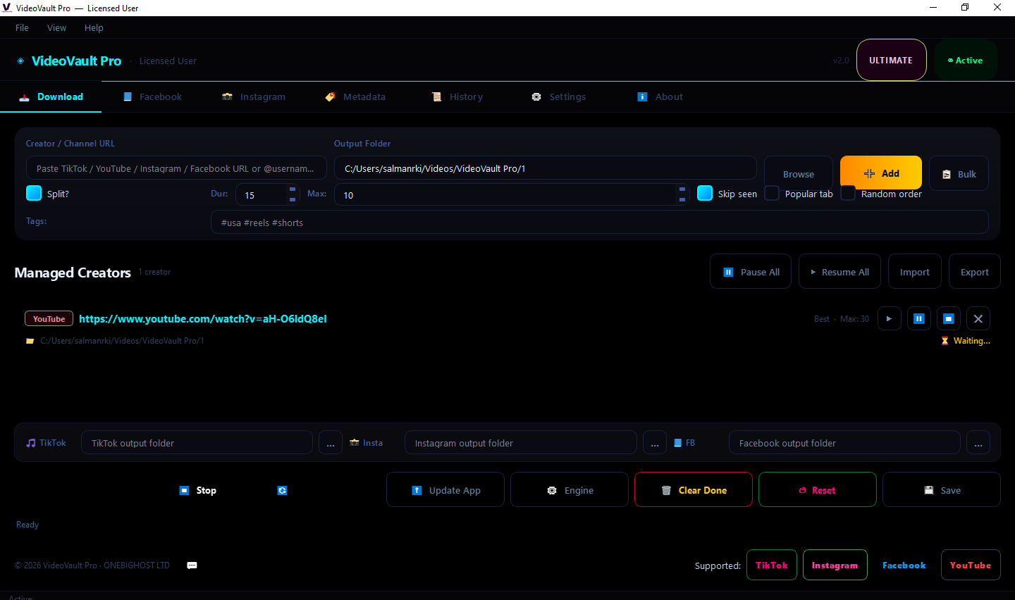 VideoVault Pro dashboard — bulk download queue with AI metadata